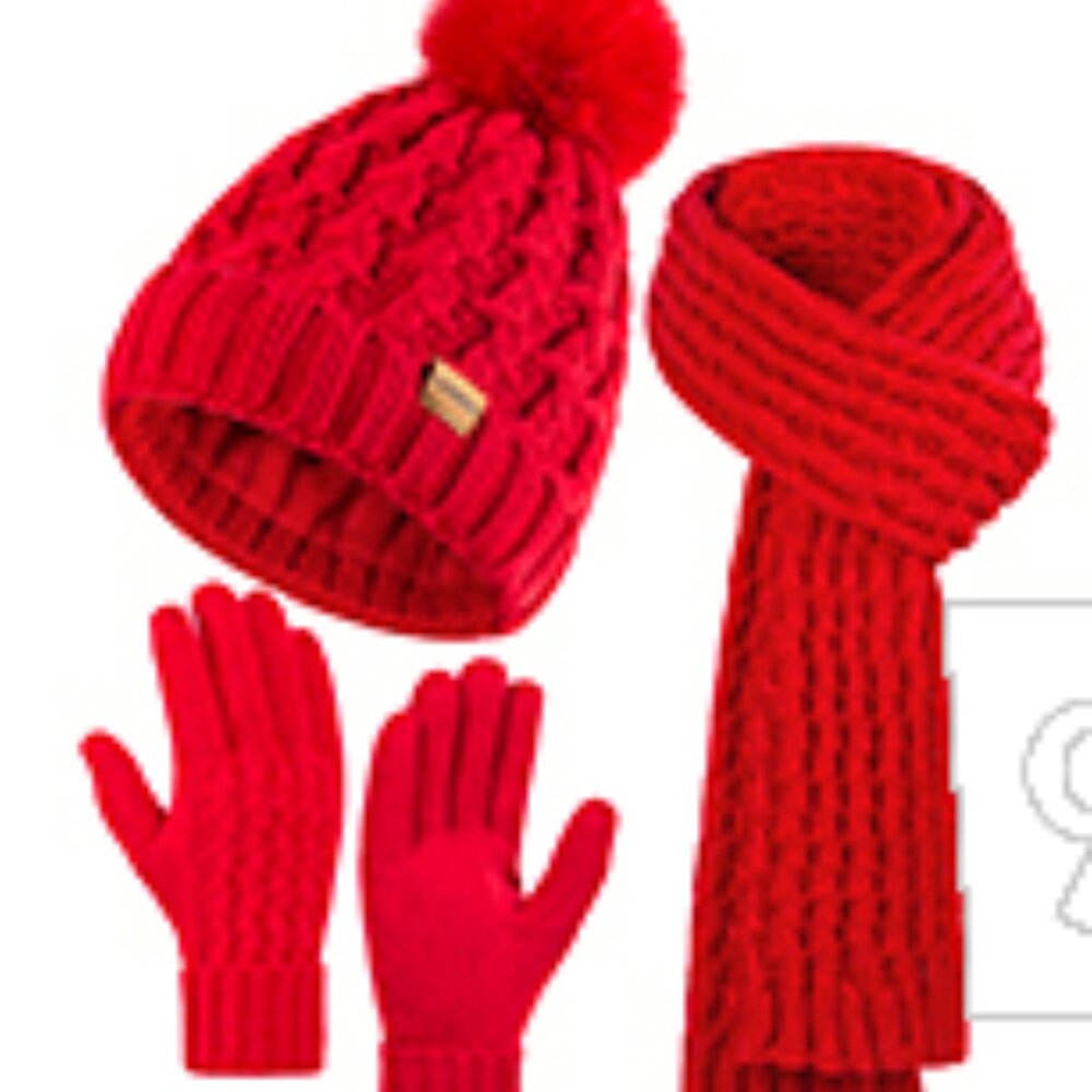 PACKAGE NEVER OPENED  - Red Pom Pom Beanie Hat, Scarf, Touchscreen Gloves Set